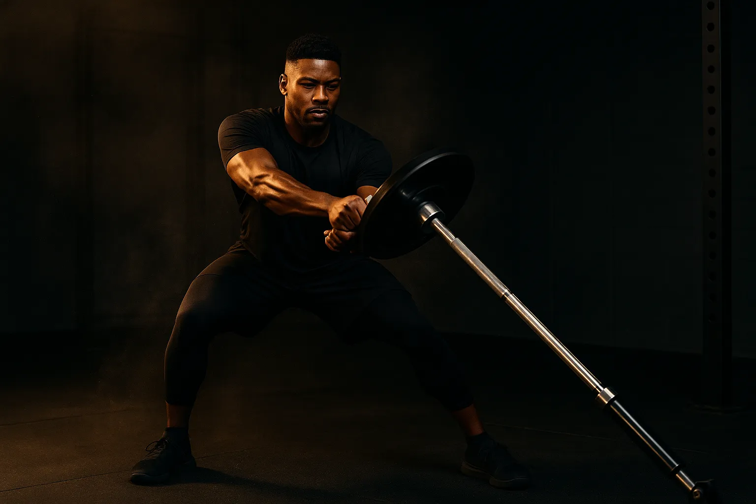 Athlete performing Landmine Rotations, cinematic gym lighting