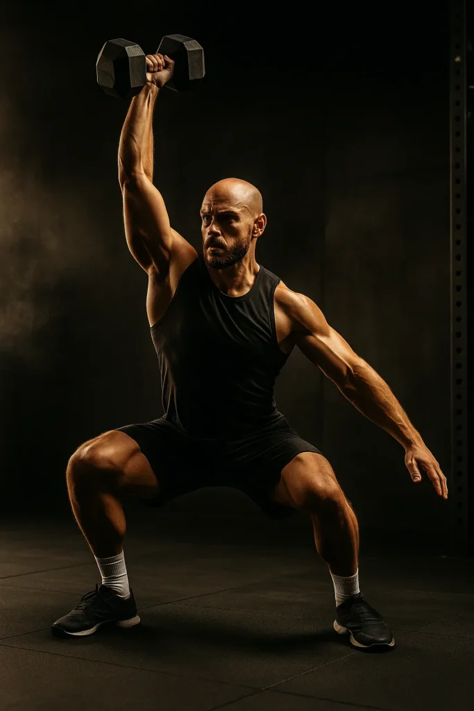 Athlete performing dumbbell snatch from floor to overhead in one smooth motion, strong hip drive, neutral spine, dynamic gym lighting capturing explosive power