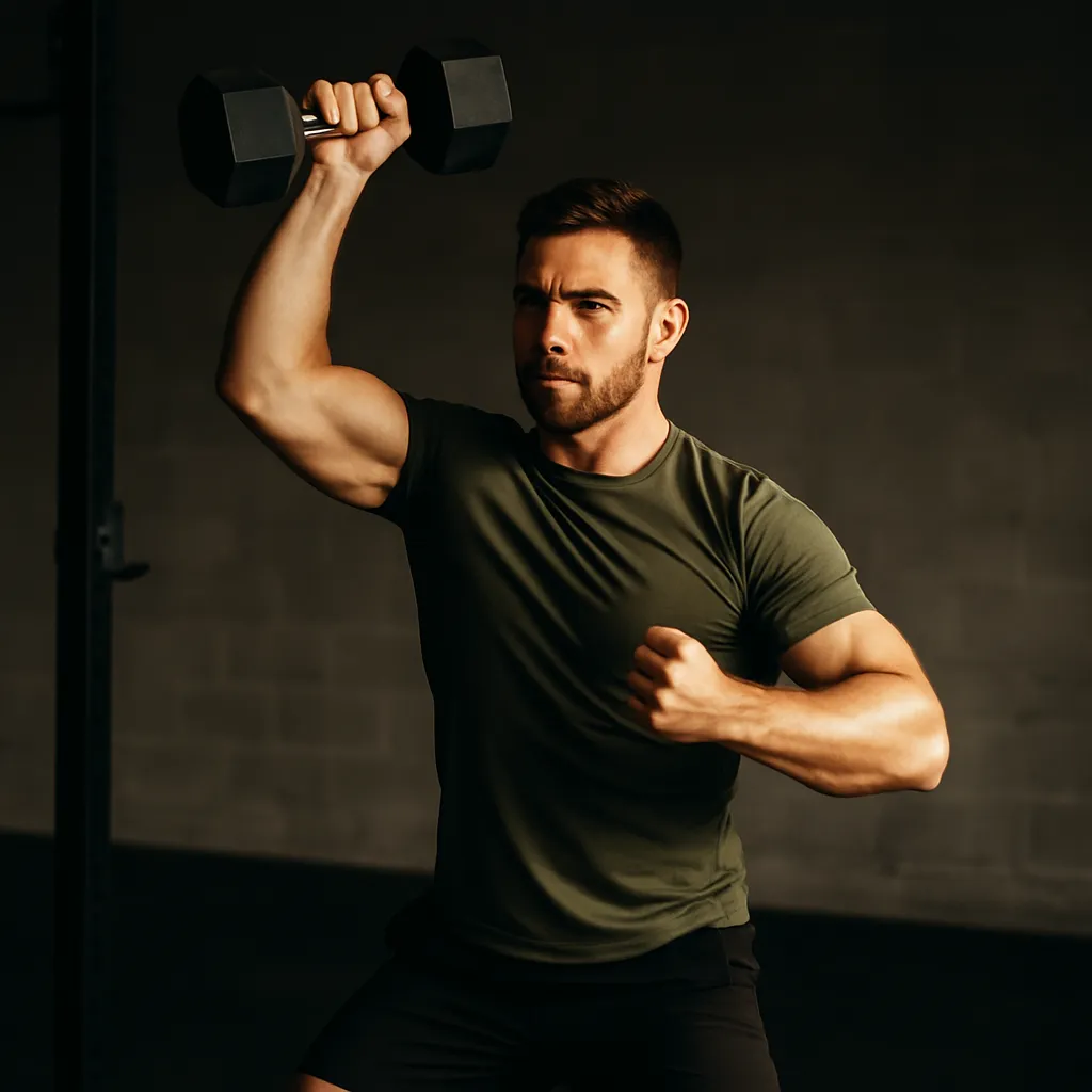 Athlete performing dumbbell clean and press, driving from hips to full overhead lockout, strong lighting, neutral gym background, power and focus visible