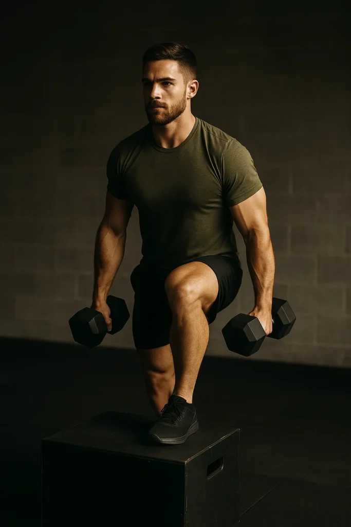 Athlete performing dumbbell step-over on plyo box, focused expression, strong lighting showing control and balance, neutral gym background