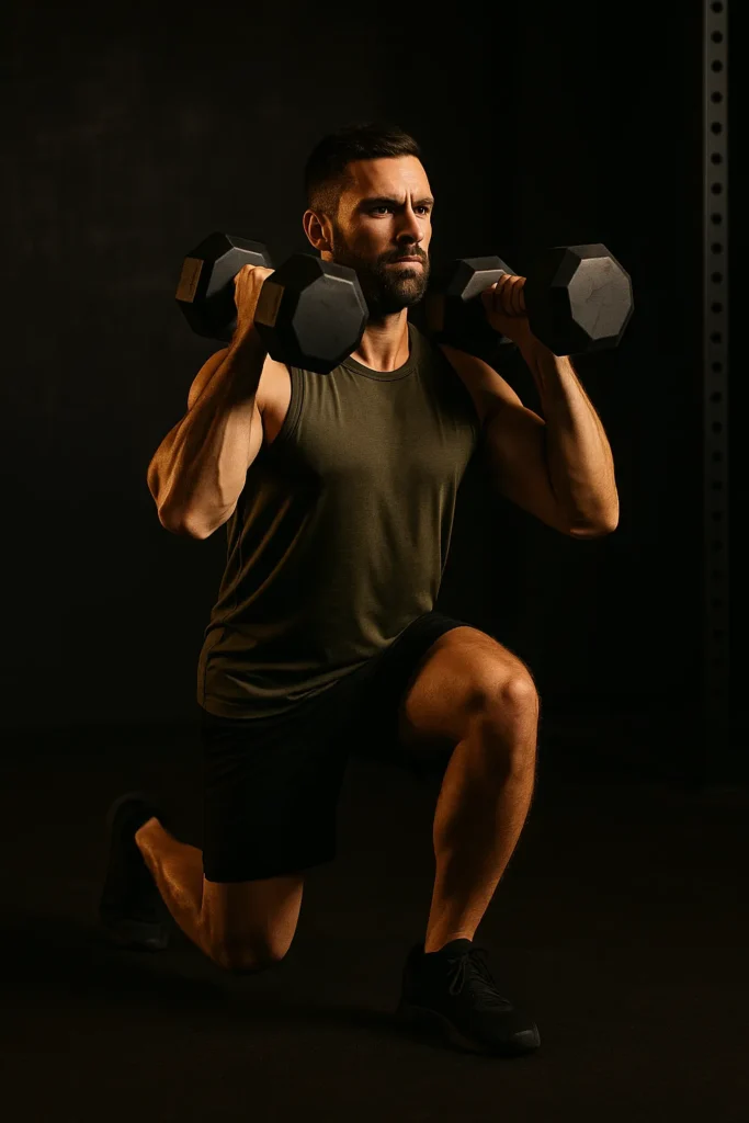 Athlete performing dumbbell front rack walking lunge, dumbbells held at shoulder height, strong upright posture, cinematic gym lighting, focus and control visible