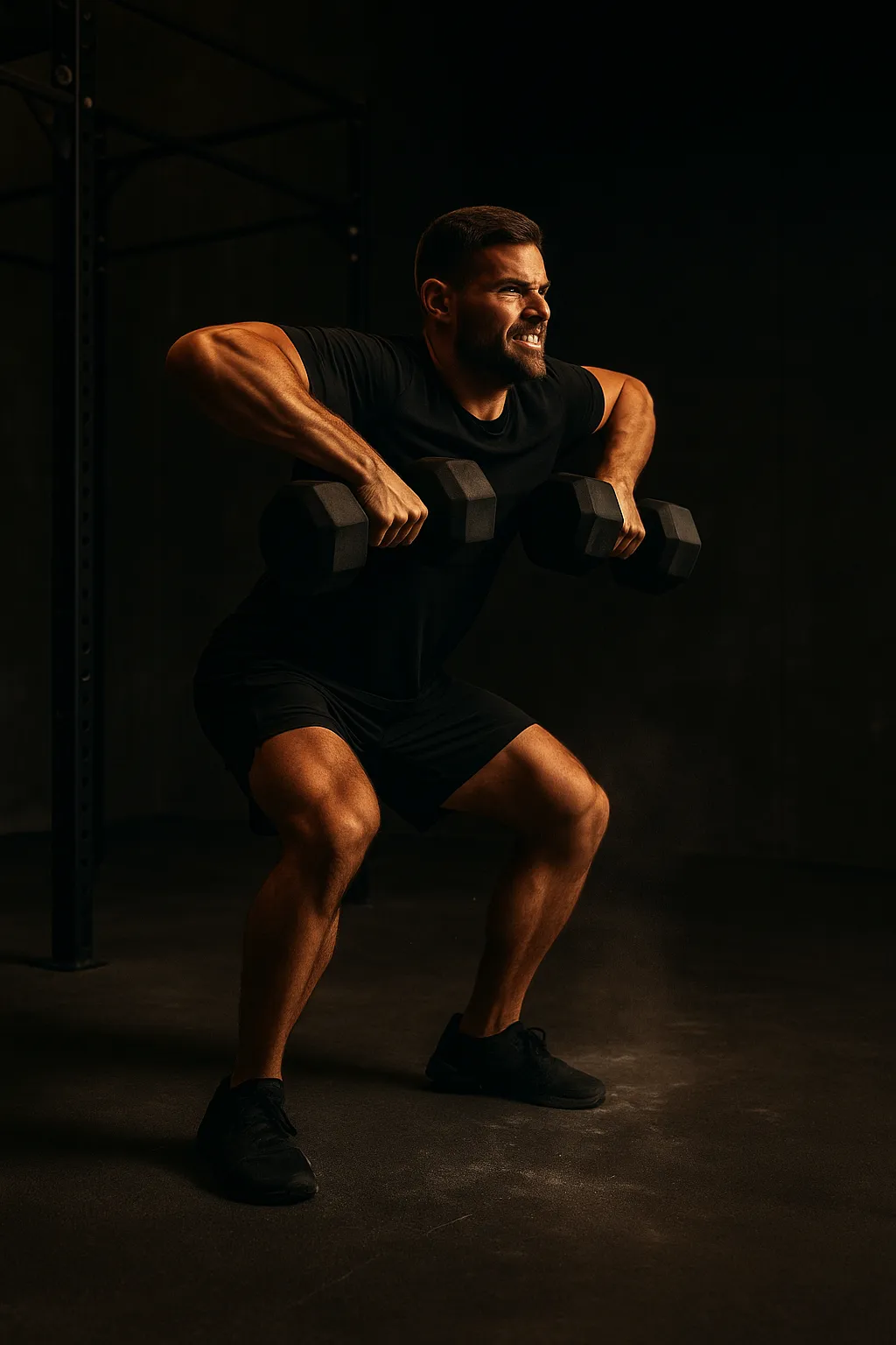 Athlete performing dumbbell deadlift to high pull, hips extended, elbows high, explosive upward motion, cinematic gym lighting showing dynamic power
