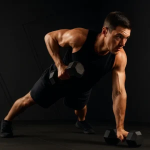 Athlete in wide-stance plank rowing a dumbbell; hips level; crisp studio gym lighting