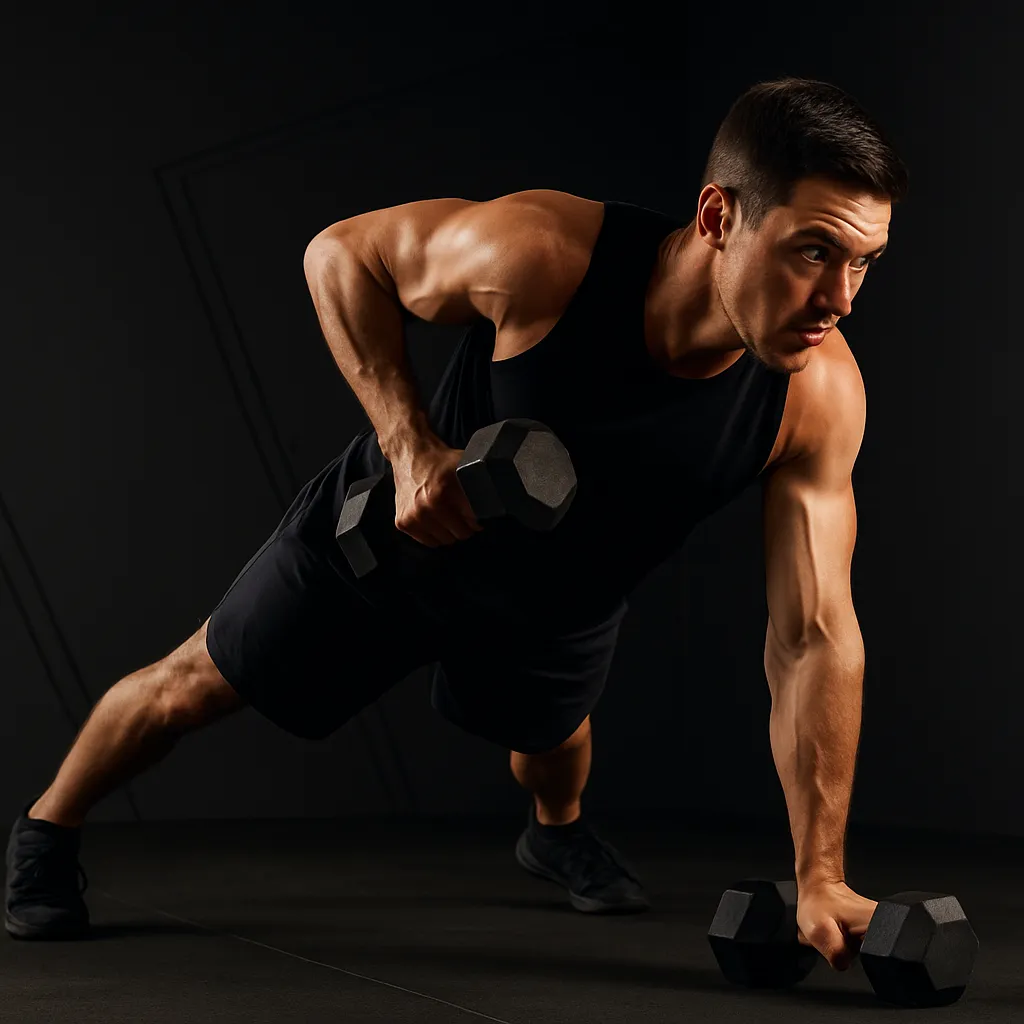 Athlete in wide-stance plank rowing a dumbbell; hips level; crisp studio gym lighting