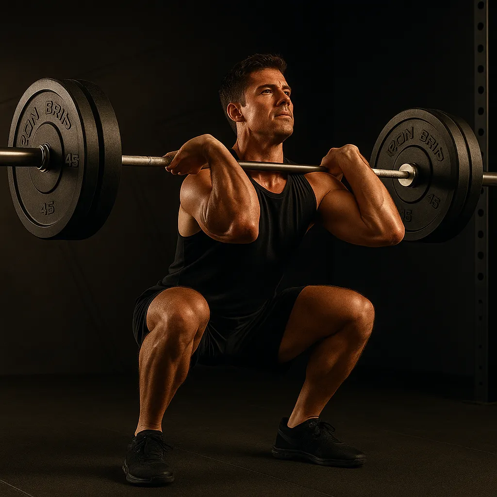 Athlete in deep front squat, elbows high, upright torso, plates loaded, cinematic gym light