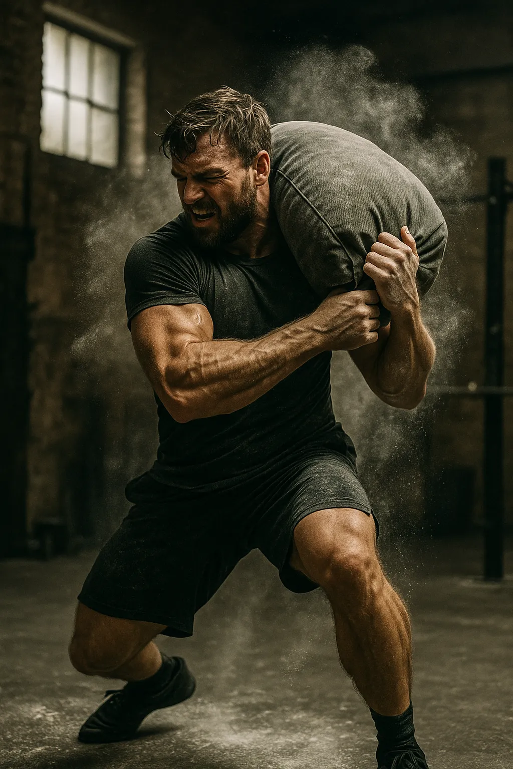 Athlete hip-driving a heavy sandbag to shoulder, grit, chalk dust, warehouse gym vibe