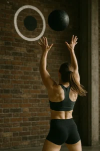 Athlete driving a wall ball to a marked target, ball mid-air, strong upward extension, bright target ring visible