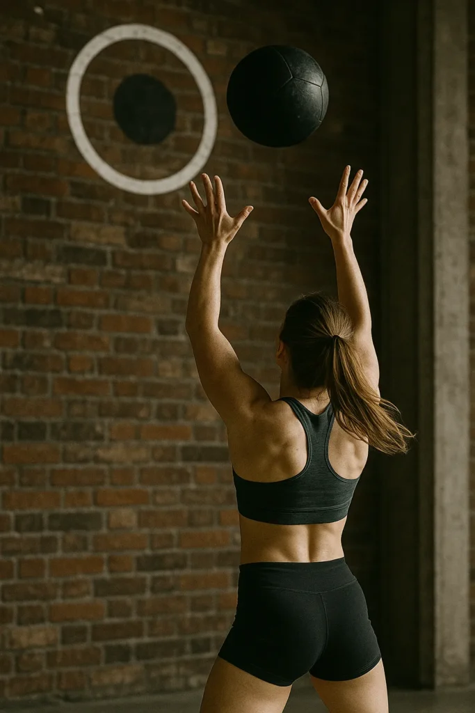 Athlete driving a wall ball to a marked target, ball mid-air, strong upward extension, bright target ring visible