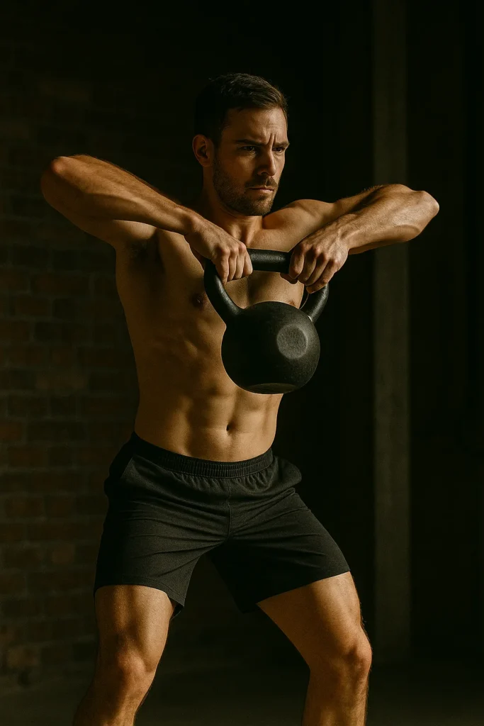 Athlete performing kettlebell deadlift high pull, hips fully extended, elbows high, smooth upward motion, neutral spine, cinematic gym lighting highlighting explosive control
