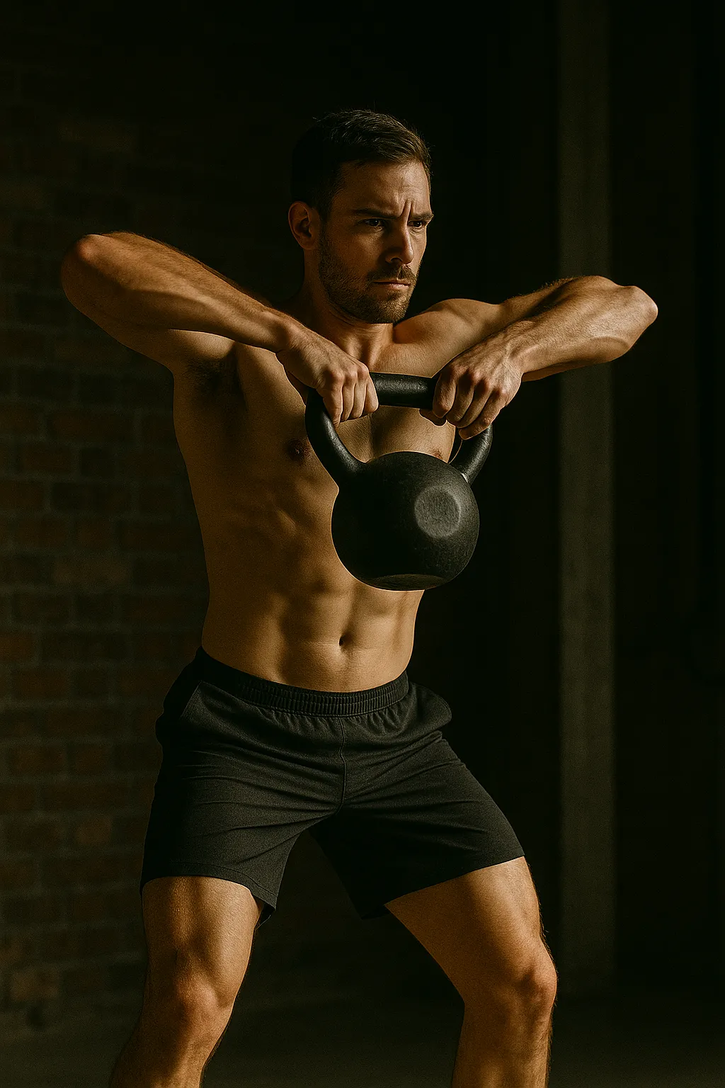 Athlete performing kettlebell deadlift high pull, hips fully extended, elbows high, smooth upward motion, neutral spine, cinematic gym lighting highlighting explosive control