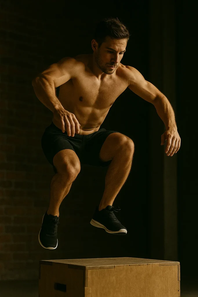 Athlete performing box step jump, one foot driving off box into a soft landing, focus and control visible, cinematic gym lighting, mid-air motion frozen cleanly