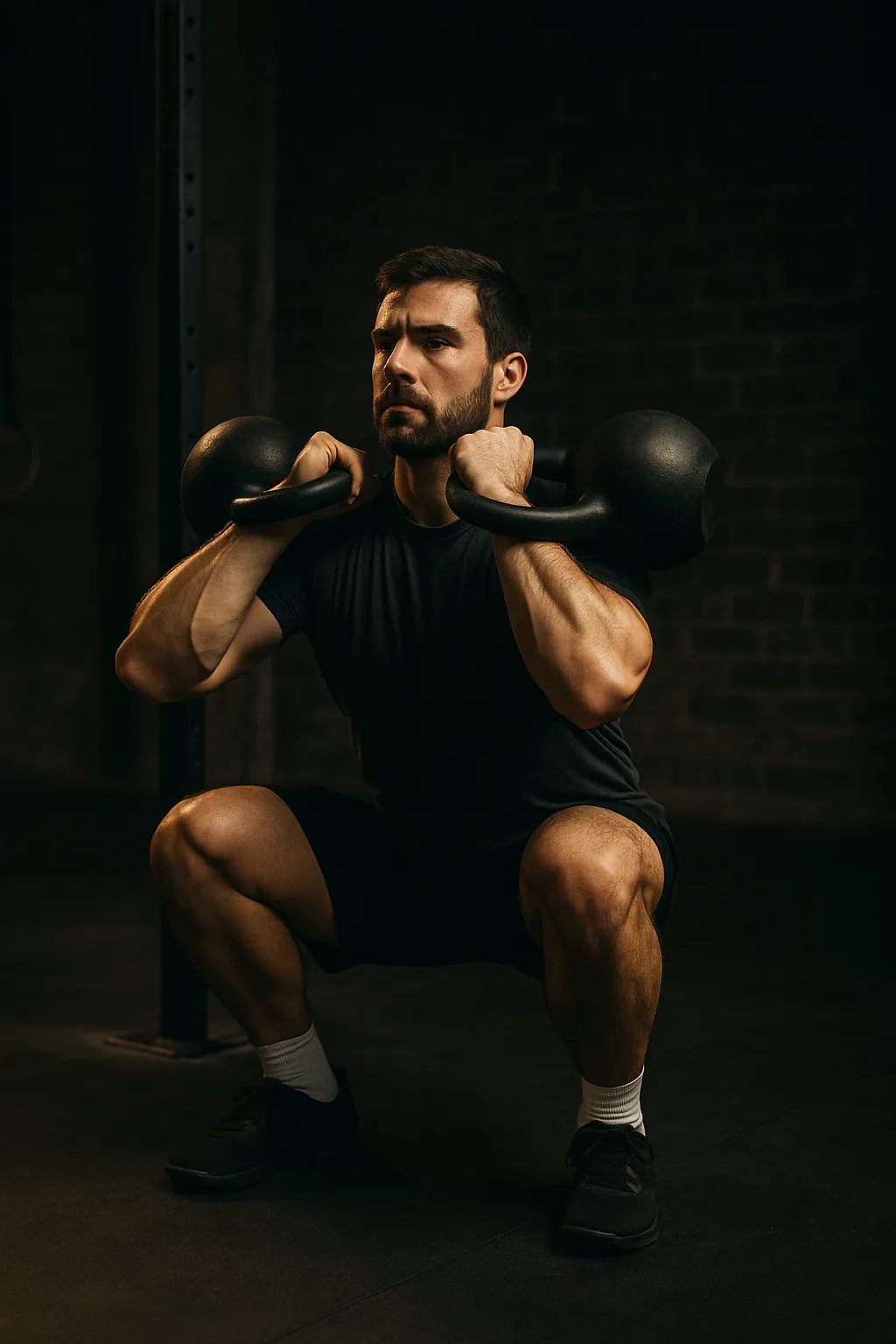 Athlete performing kettlebell front rack squat, elbows high, upright posture, strong control at depth, cinematic gym lighting highlighting balance and focus