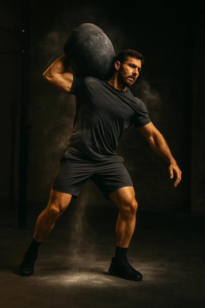 Athlete driving a heavy sandbag over shoulder, full hip extension, focused expression, chalk dust and cinematic gym lighting highlighting grit and motion