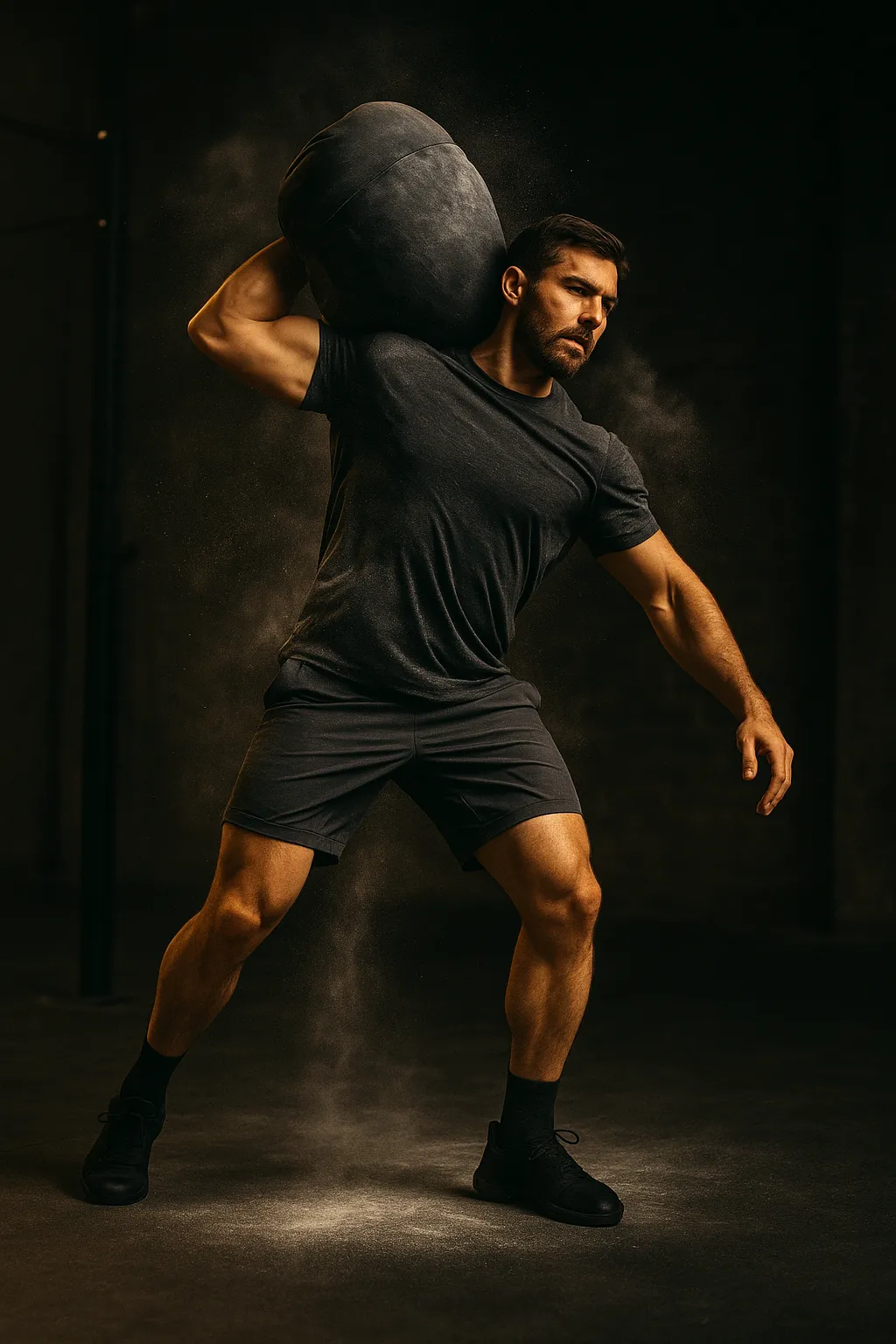 Athlete driving a heavy sandbag over shoulder, full hip extension, focused expression, chalk dust and cinematic gym lighting highlighting grit and motion