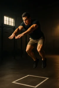 Athlete performing burpee broad jump mid-air, legs extended, landing zone visible ahead, dynamic gym or outdoor setting, cinematic lighting capturing explosive power and control