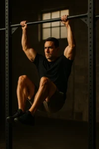 Athlete performing hanging leg raise, body in controlled hollow position, legs parallel to floor, strong core tension, cinematic gym lighting highlighting midline control