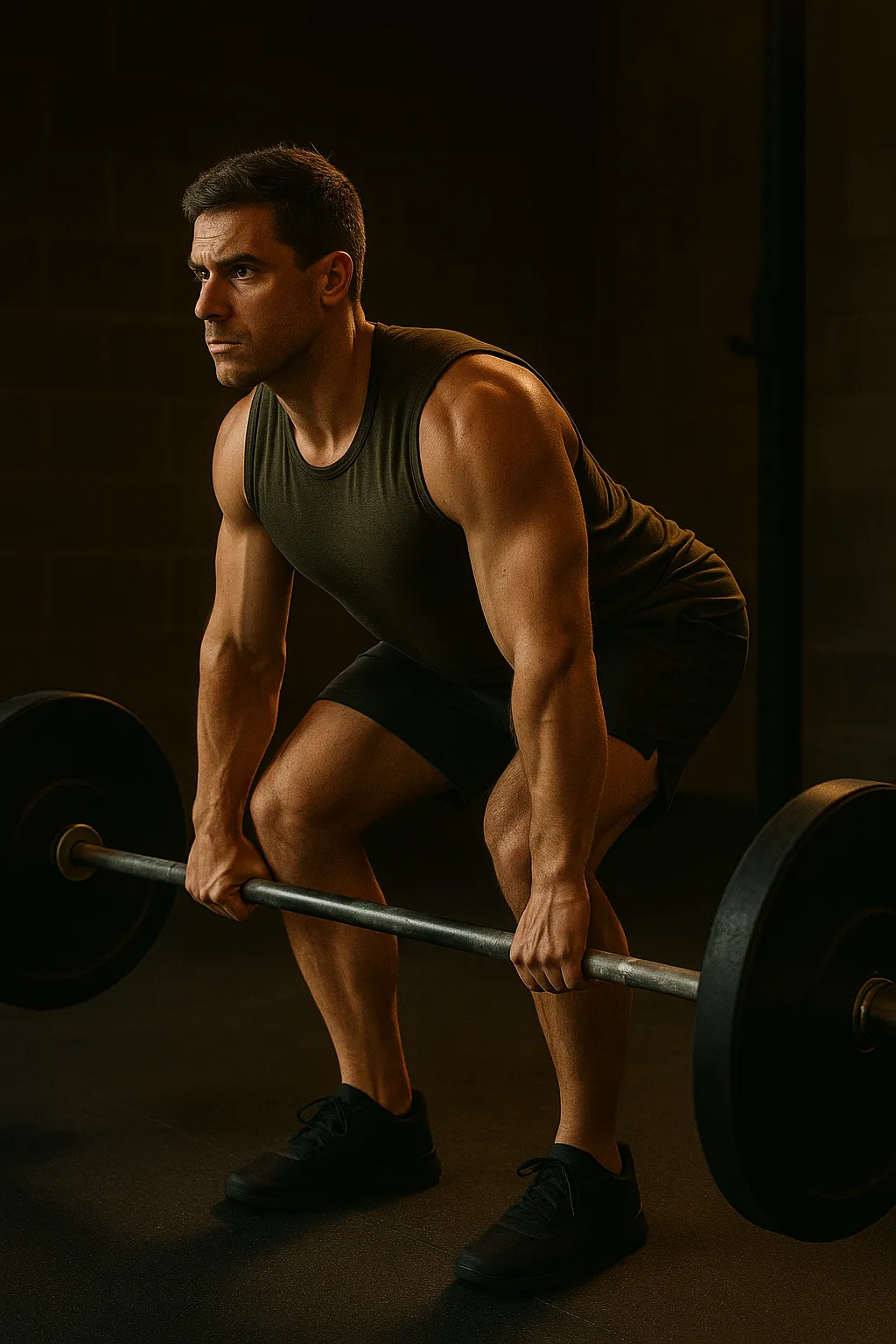 Athlete performing barbell Romanian deadlift, hips pushed back, bar close to thighs, flat back, tension through hamstrings, cinematic gym lighting highlighting control and strength