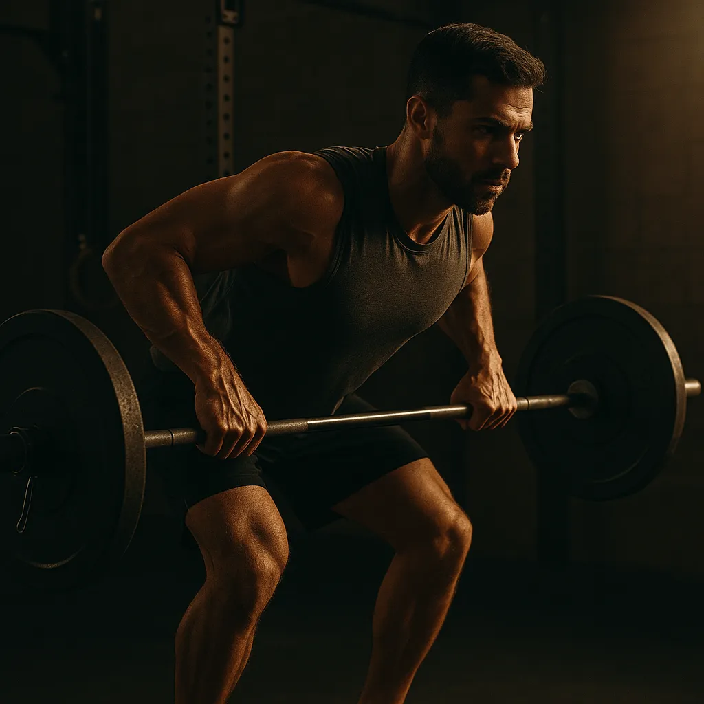 Athlete performing barbell bent-over row, torso parallel to ground, bar pulled to ribs, lats and traps engaged, cinematic gym lighting showing strength and posture