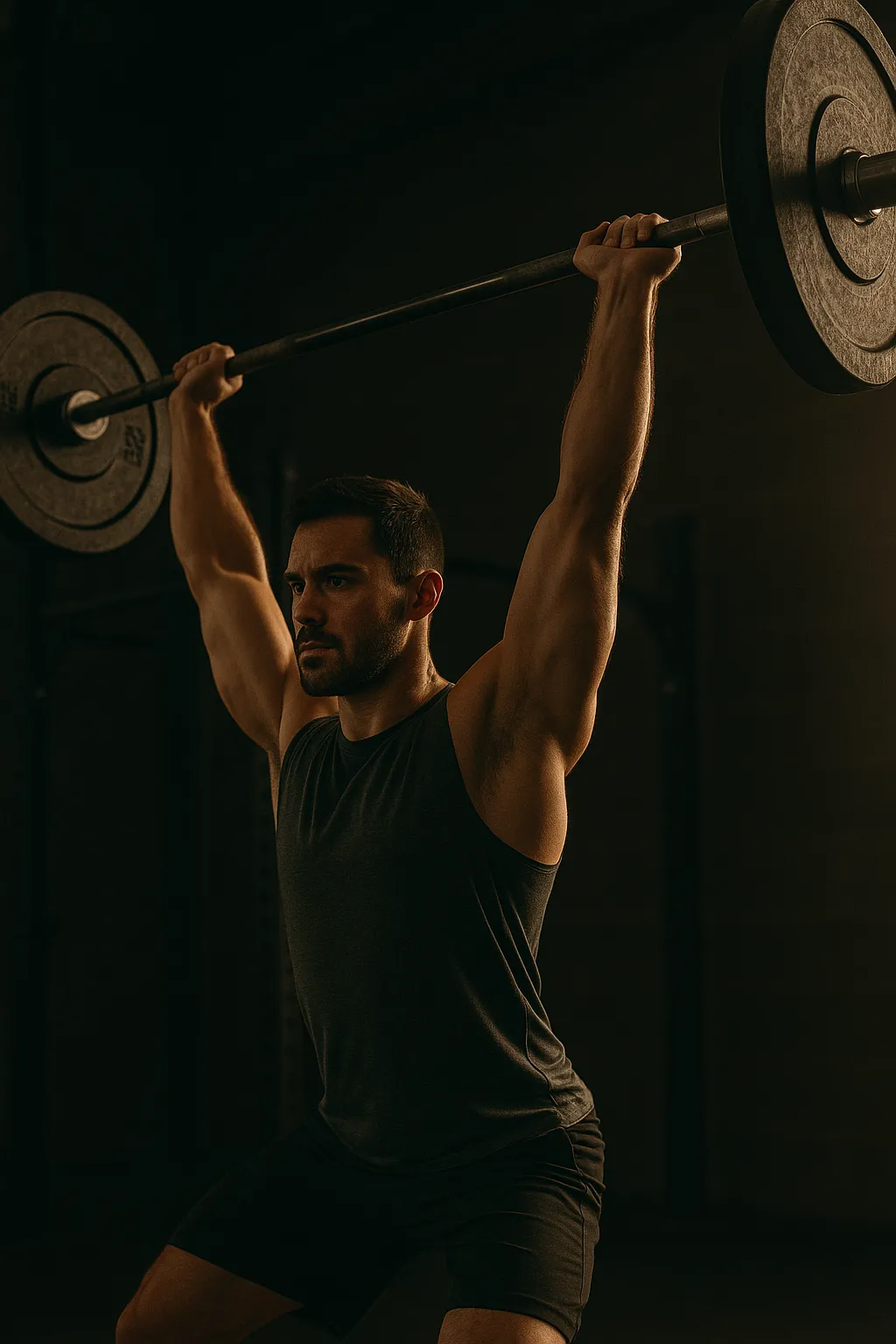 Athlete pressing barbell overhead, core braced, neutral spine, bar aligned with ears, cinematic gym lighting capturing focus and control