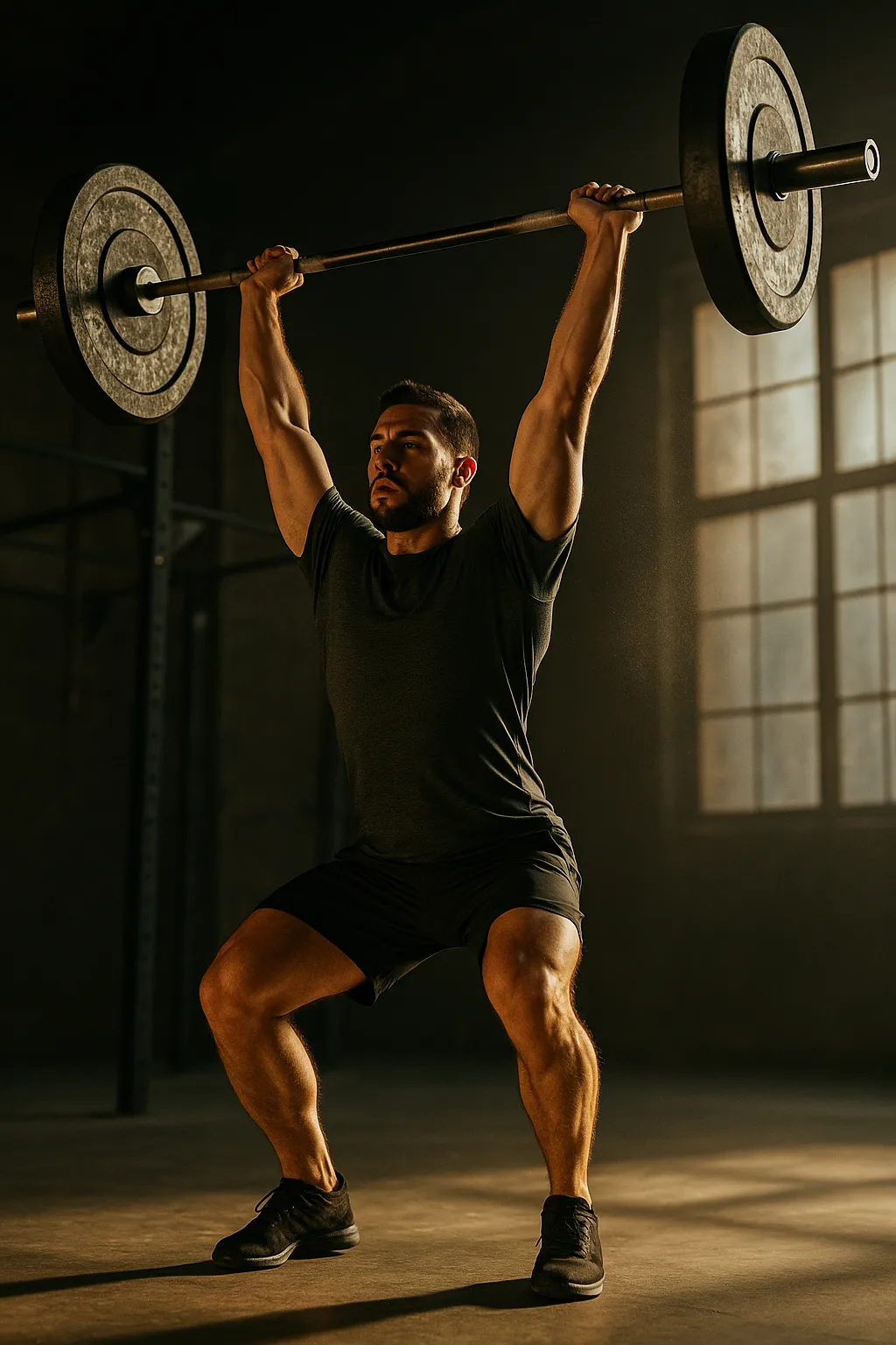 Athlete performing barbell push press, bar leaving shoulders mid-drive, legs extended, bar path vertical, cinematic gym lighting showing power and timing
