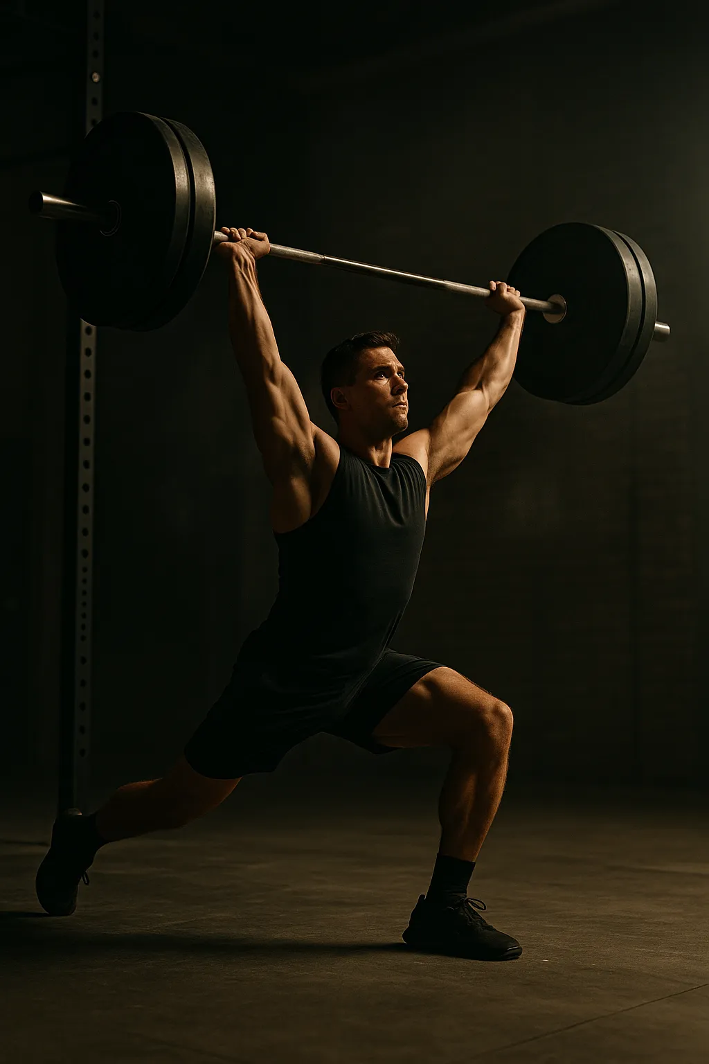 Athlete performing barbell split jerk mid-drive, rear foot extended, barbell locked overhead, cinematic gym lighting showing explosive power and balance