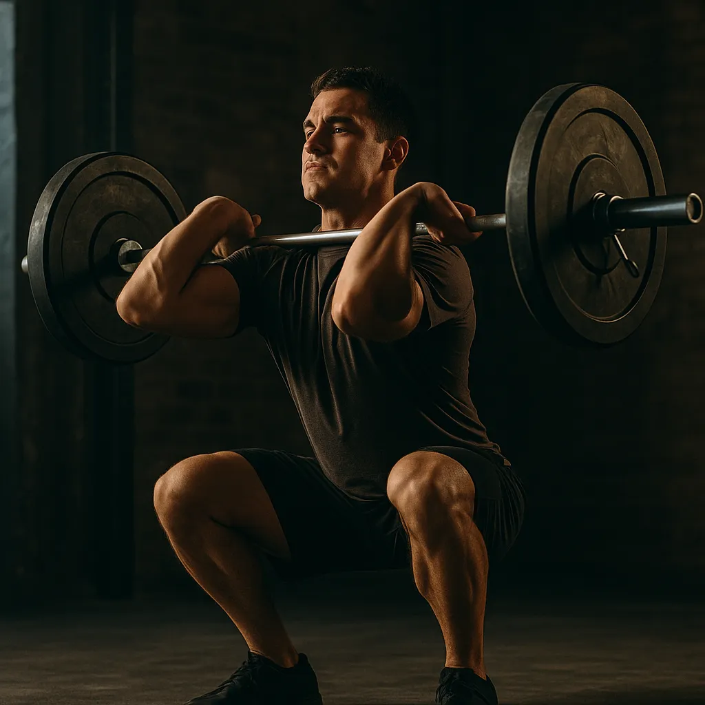 Athlete mid-catch during barbell clean, elbows high, bar resting on shoulders, hips low, eyes forward, cinematic gym lighting showing power and focus