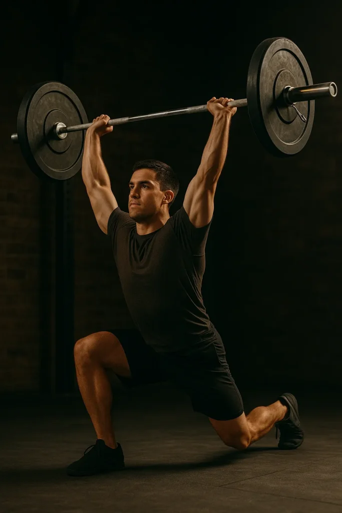 Athlete mid-drive in barbell clean & jerk, bar rising from shoulders to overhead, split stance visible, cinematic gym lighting showing explosive focus and power