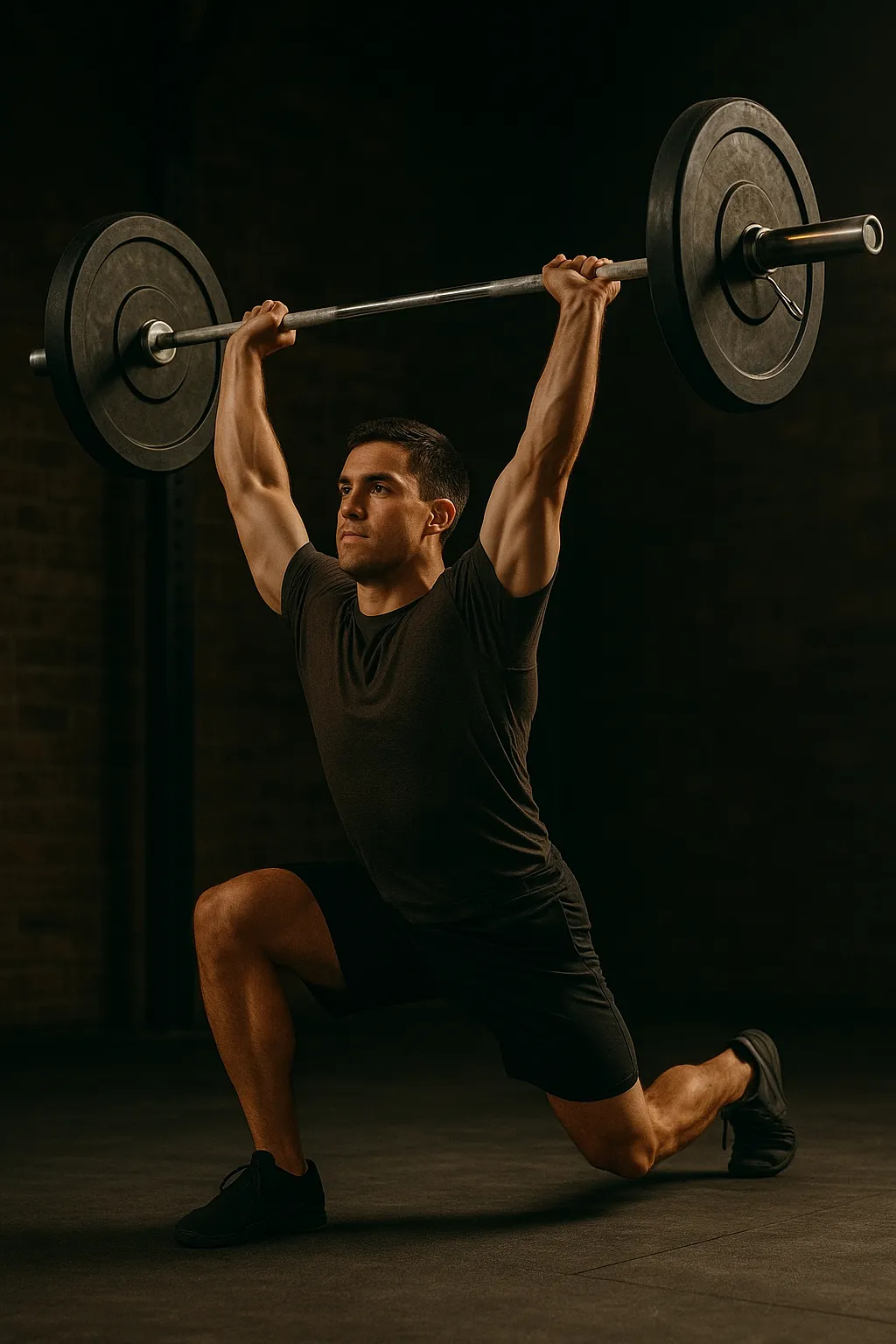 Athlete mid-drive in barbell clean & jerk, bar rising from shoulders to overhead, split stance visible, cinematic gym lighting showing explosive focus and power