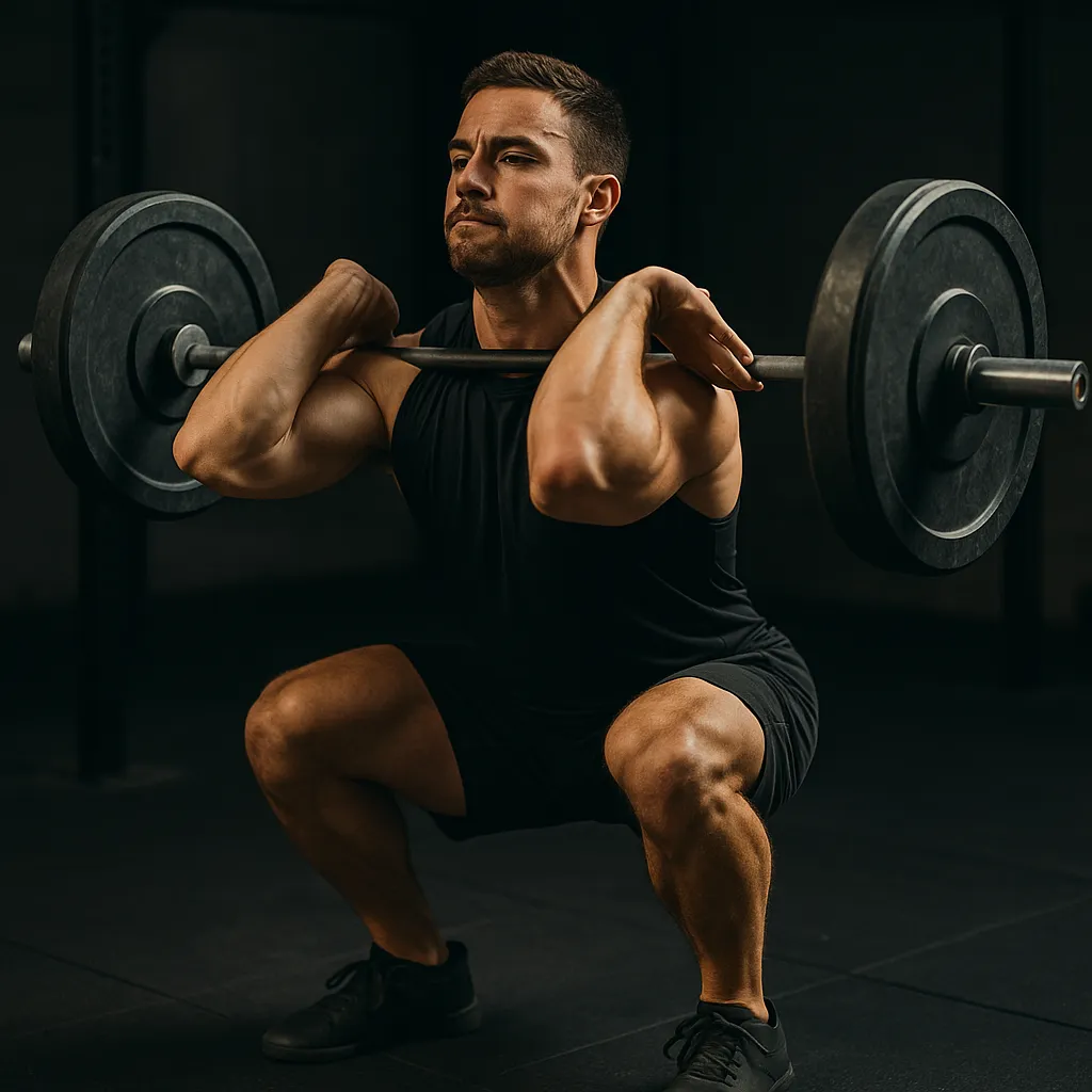 Athlete mid-catch in barbell power clean, bar resting on shoulders, elbows high, quarter squat position, cinematic gym lighting showing explosive strength and control