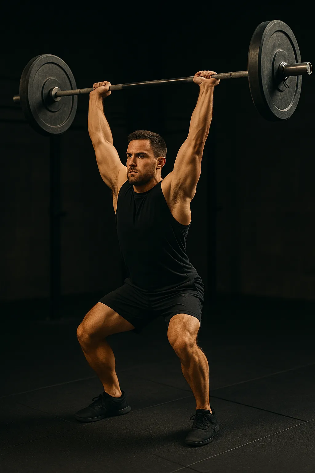 Athlete mid-drive in barbell power jerk, barbell overhead, feet flat and balanced, cinematic gym lighting highlighting precision, balance, and power