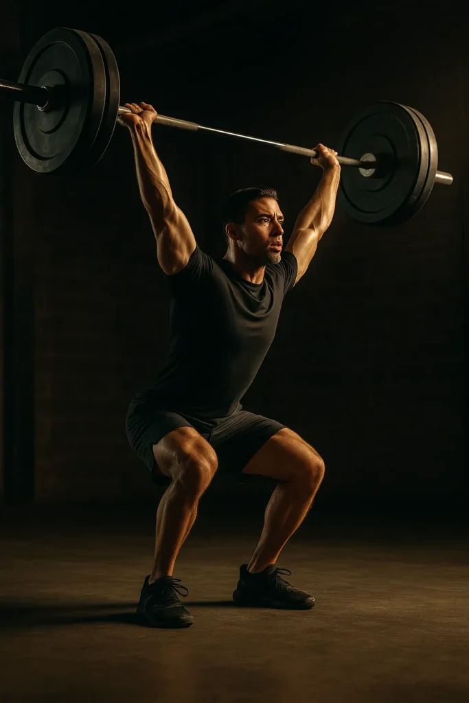 Athlete performing barbell thruster, driving from deep squat to full overhead lockout, explosive motion captured mid-drive, cinematic gym lighting highlighting power and precision
