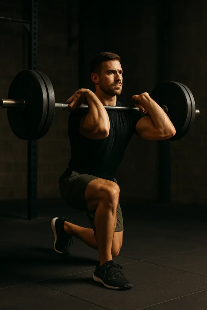 Athlete performing barbell front rack lunge, elbows high, torso upright, front knee over ankle, cinematic gym lighting showing strength and control