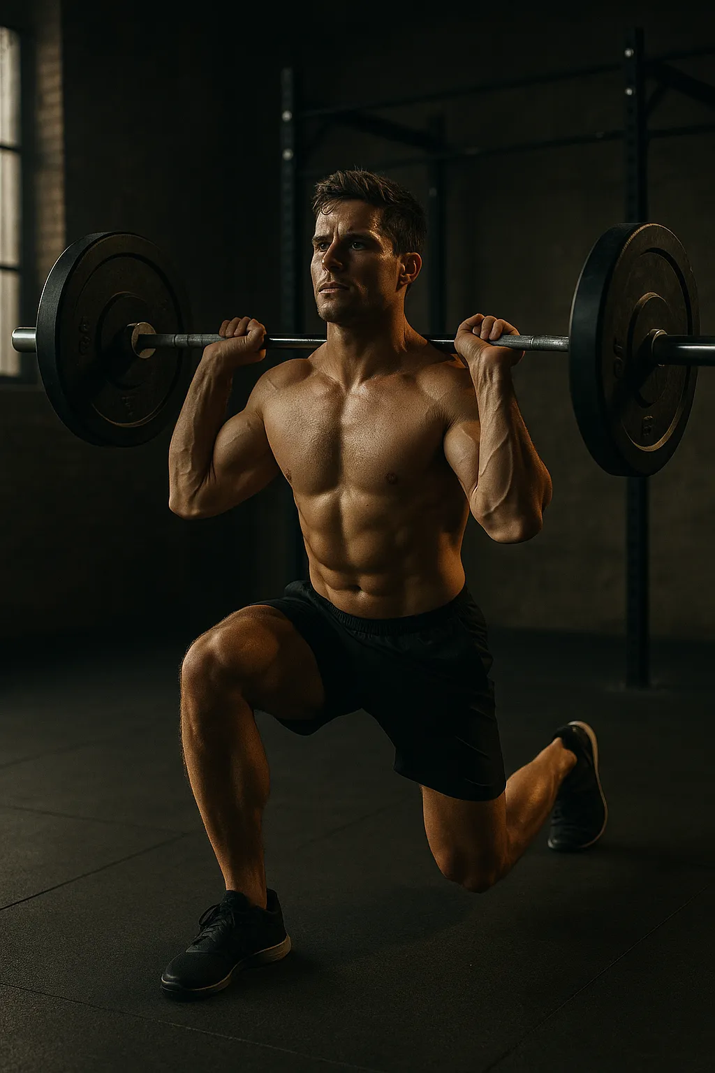 Athlete performing barbell reverse lunge, rear knee near floor, torso upright, barbell across shoulders, cinematic gym lighting highlighting balance and strength
