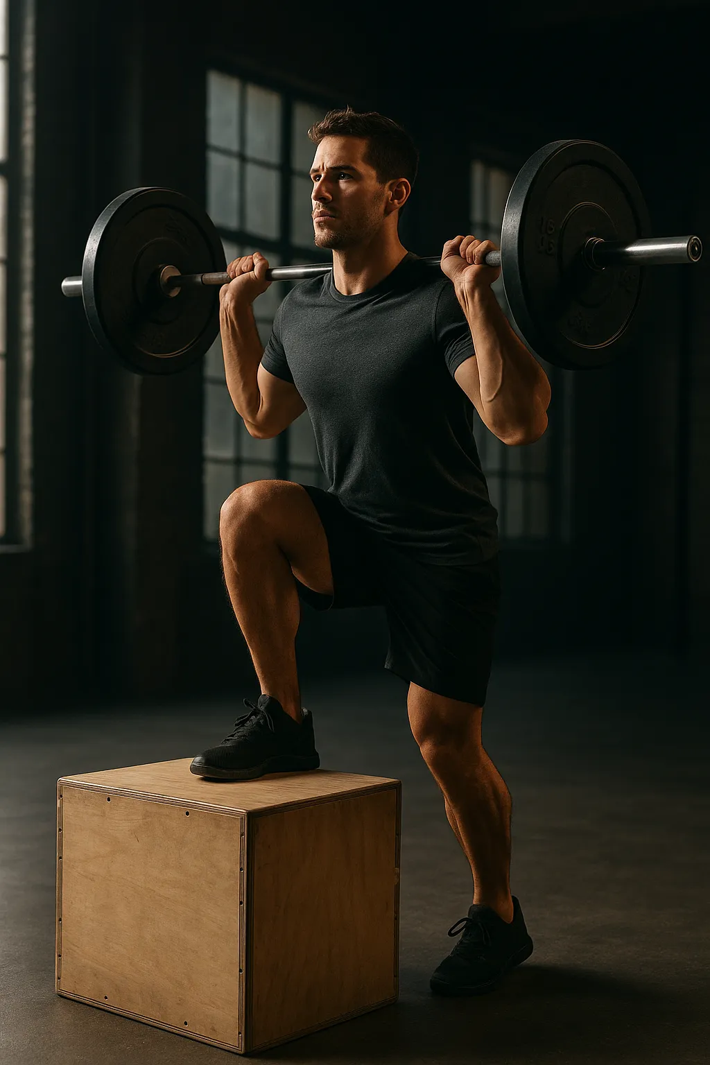 Athlete performing barbell step-up on plyo box, bar across shoulders, strong upright posture, cinematic gym lighting showing balance, control, and strength