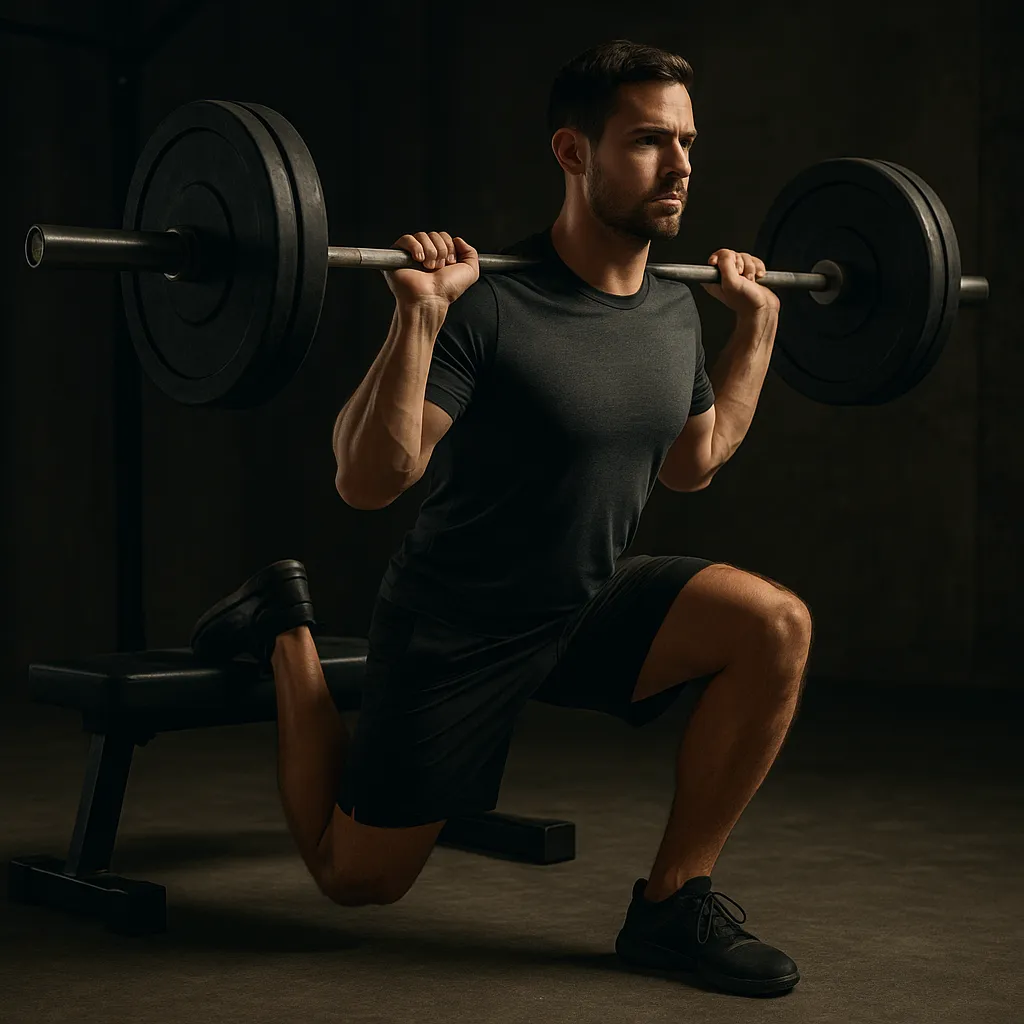 Athlete in deep Bulgarian split squat with barbell across shoulders, rear foot elevated on bench, front leg bent at 90 degrees, cinematic gym lighting highlighting balance and power