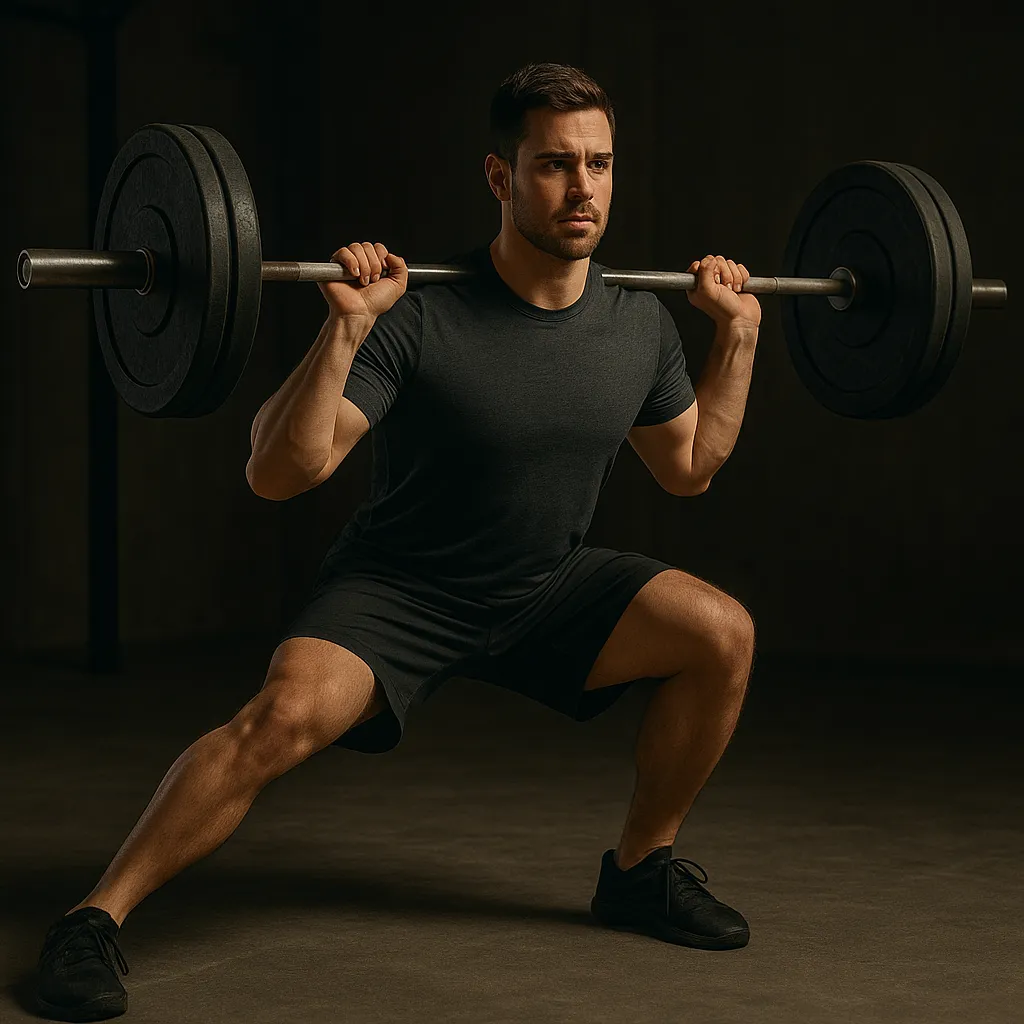 Athlete performing barbell lateral lunge, stepping wide to one side, barbell across shoulders, torso upright, cinematic gym lighting highlighting balance and mobility
