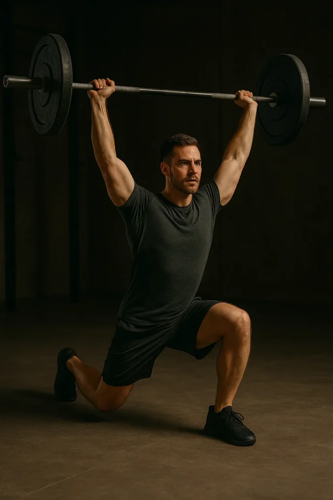 Athlete performing barbell overhead lunge, bar locked overhead, torso upright, rear knee near floor, cinematic gym lighting showing balance, control, and full-body strength