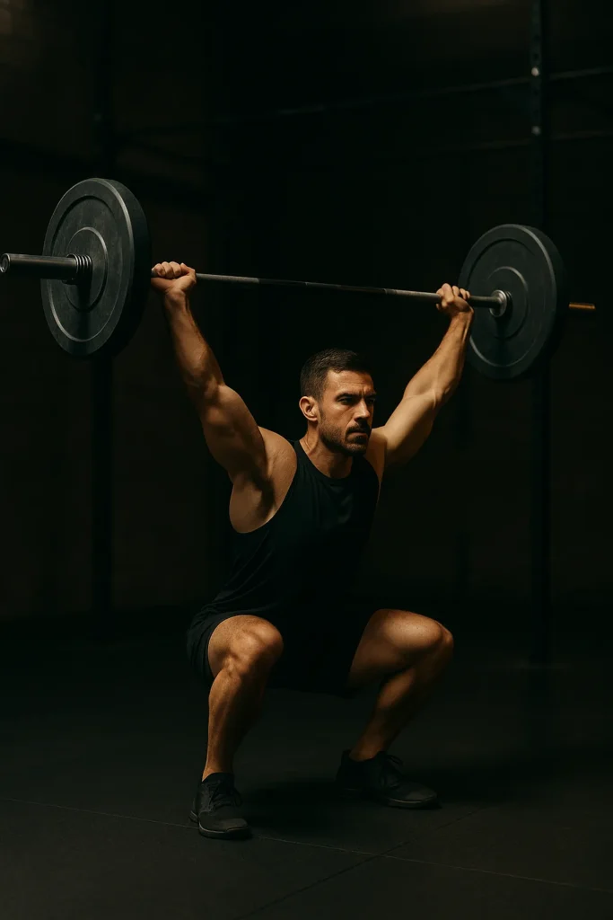 Athlete in deep barbell overhead squat, arms fully extended overhead, bar aligned over midfoot, upright torso, cinematic gym lighting showing balance and control