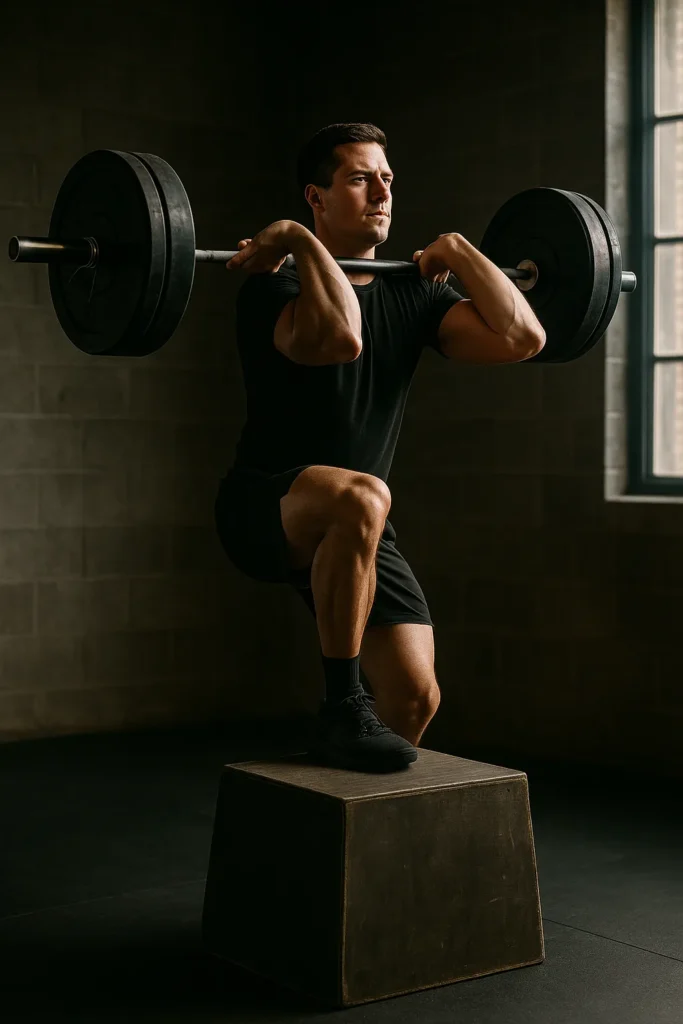 Athlete performing barbell front rack step-up, elbows high, upright torso, front foot on box driving upward, cinematic gym lighting showing balance and power