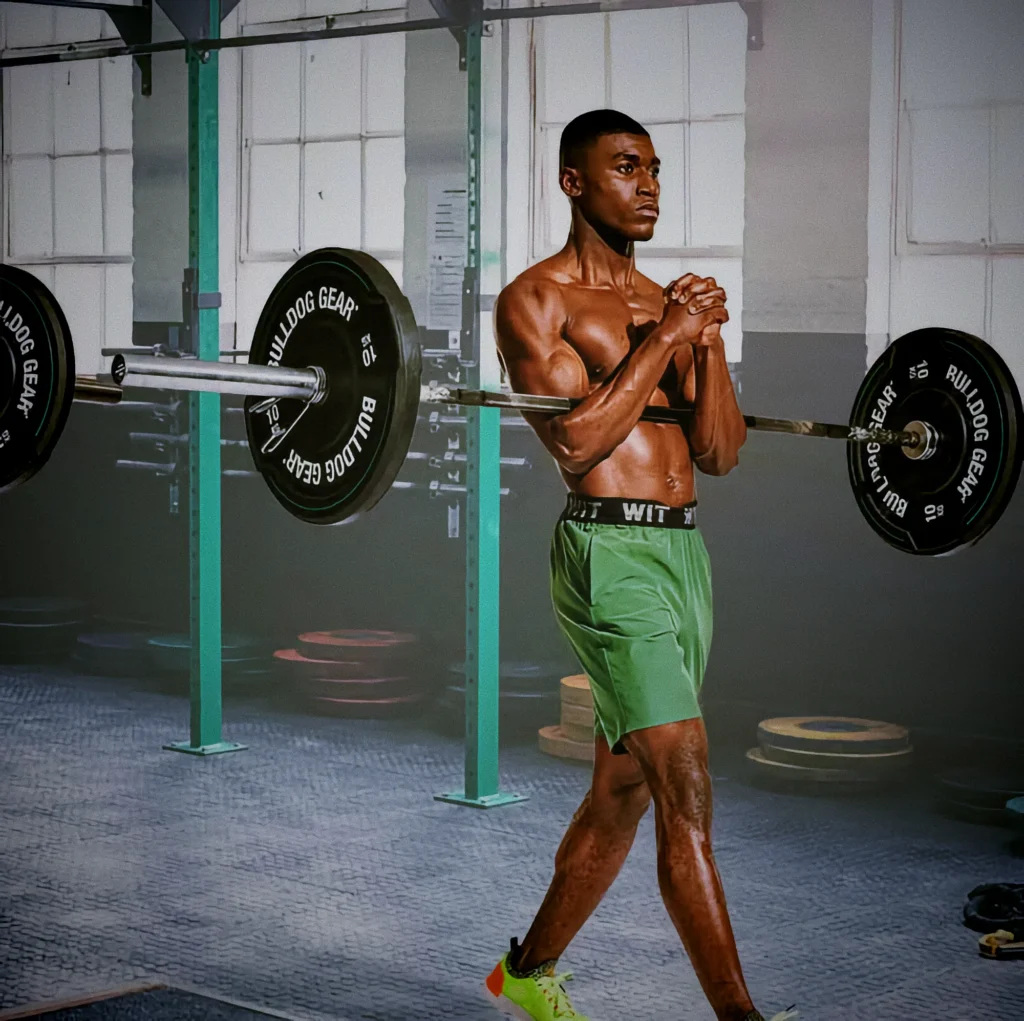 Athlete performing barbell Zercher carry, walking forward with bar held in elbows close to chest, strong upright posture, cinematic gym lighting showing focus and power