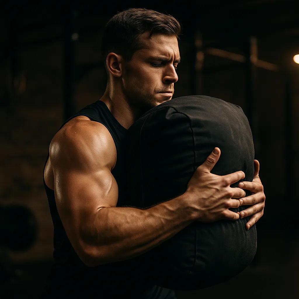 Athlete performing sandbag front carry, hugging heavy sandbag to chest, upright posture, strong core engagement, cinematic gym lighting showing effort and control