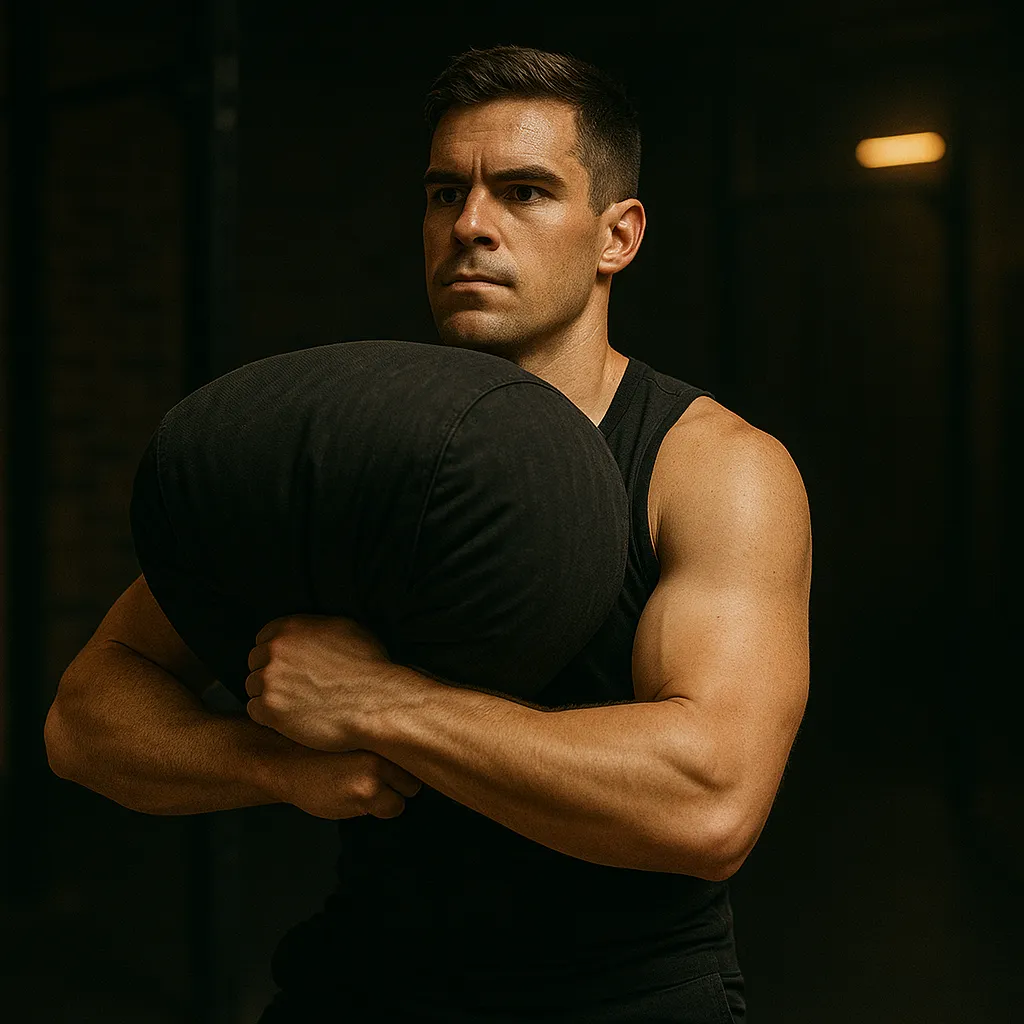 Athlete performing sandbag Zercher carry, holding sandbag in elbows close to torso, upright posture, strong core engagement, cinematic gym lighting showing focus and control