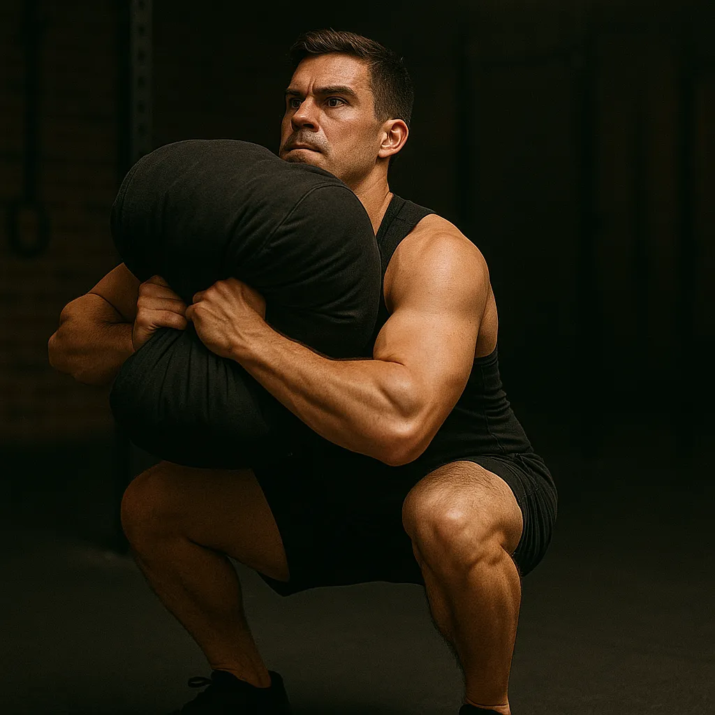 Athlete performing sandbag squat clean, mid-catch in deep squat, sandbag at chest, powerful hip drive visible, cinematic gym lighting showing control and strength