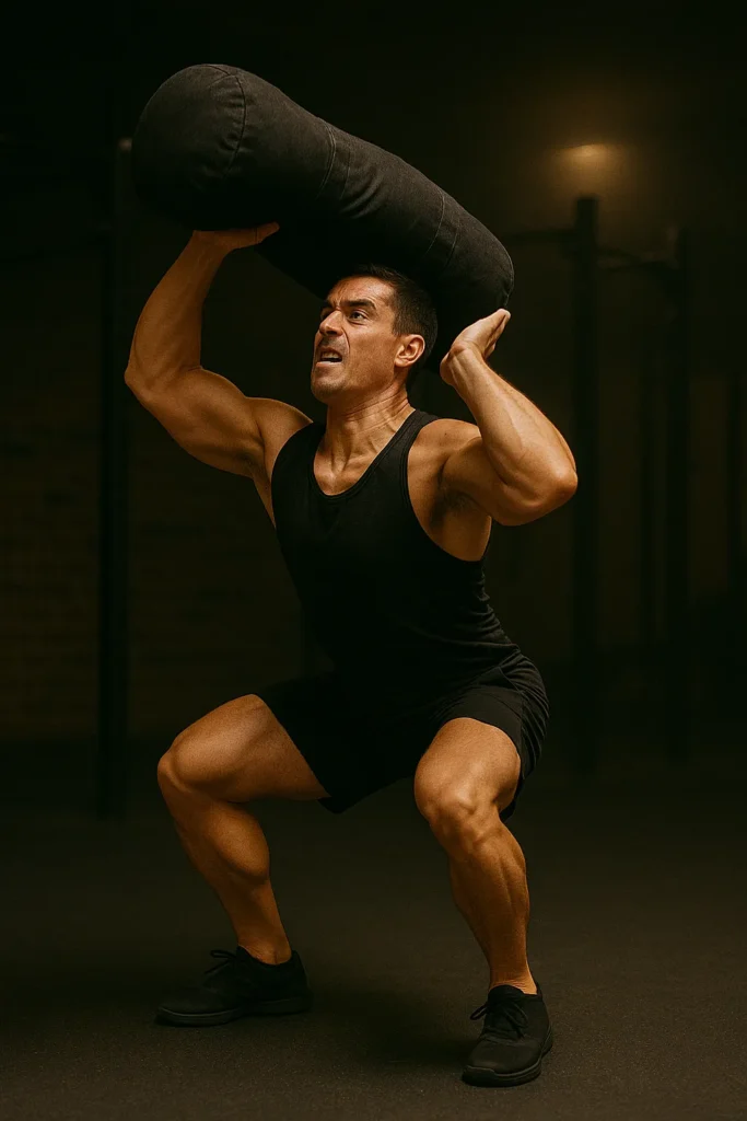 Athlete performing sandbag thruster, sandbag moving from front squat to overhead press, dynamic motion, strong hip drive, cinematic gym lighting showing power and focus