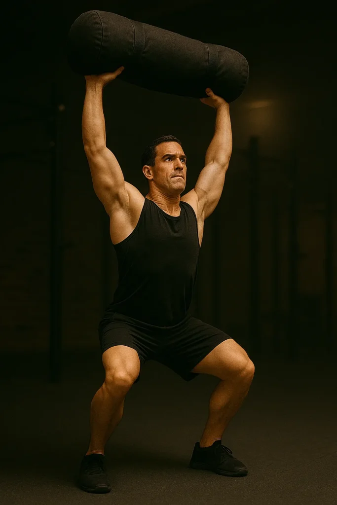 Athlete performing sandbag push press, sandbag overhead, full arm extension, strong hip drive, upright torso, cinematic gym lighting showing power and control