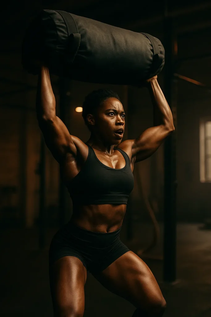 female athlete performing sandbag power jerk, sandbag overhead in mid-lockout, powerful leg drive visible, cinematic gym lighting highlighting explosive strength and control