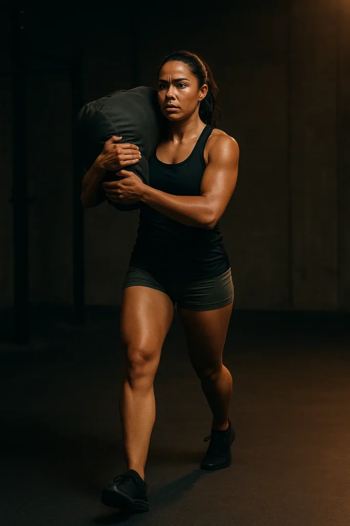 female Athlete performing sandbag bear hug carry, sandbag held tightly to torso while walking, upright posture, tense core, cinematic gym lighting showing strength and control