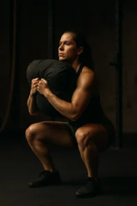 Female athlete performing sandbag Zercher squat, sandbag cradled in elbows, deep squat position with upright posture, cinematic gym lighting showing strength and control