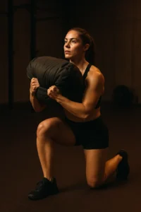 female athlete performing sandbag Zercher lunge, the sandbag cradled in elbows, front leg bent in deep lunge, chest tall, cinematic gym lighting showing control and stability