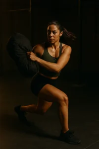 Athlete performing sandbag rotational lunge, sandbag mid-rotation across body toward lead leg, strong core engagement, cinematic gym lighting showing balance and control